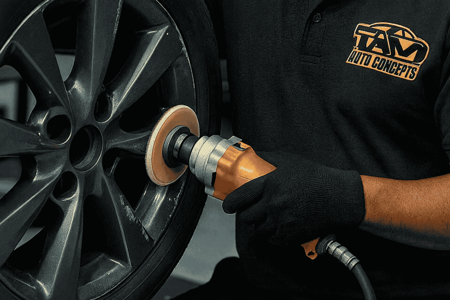 Technician repairing bent alloy wheel and restored at TAM Auto Concepts